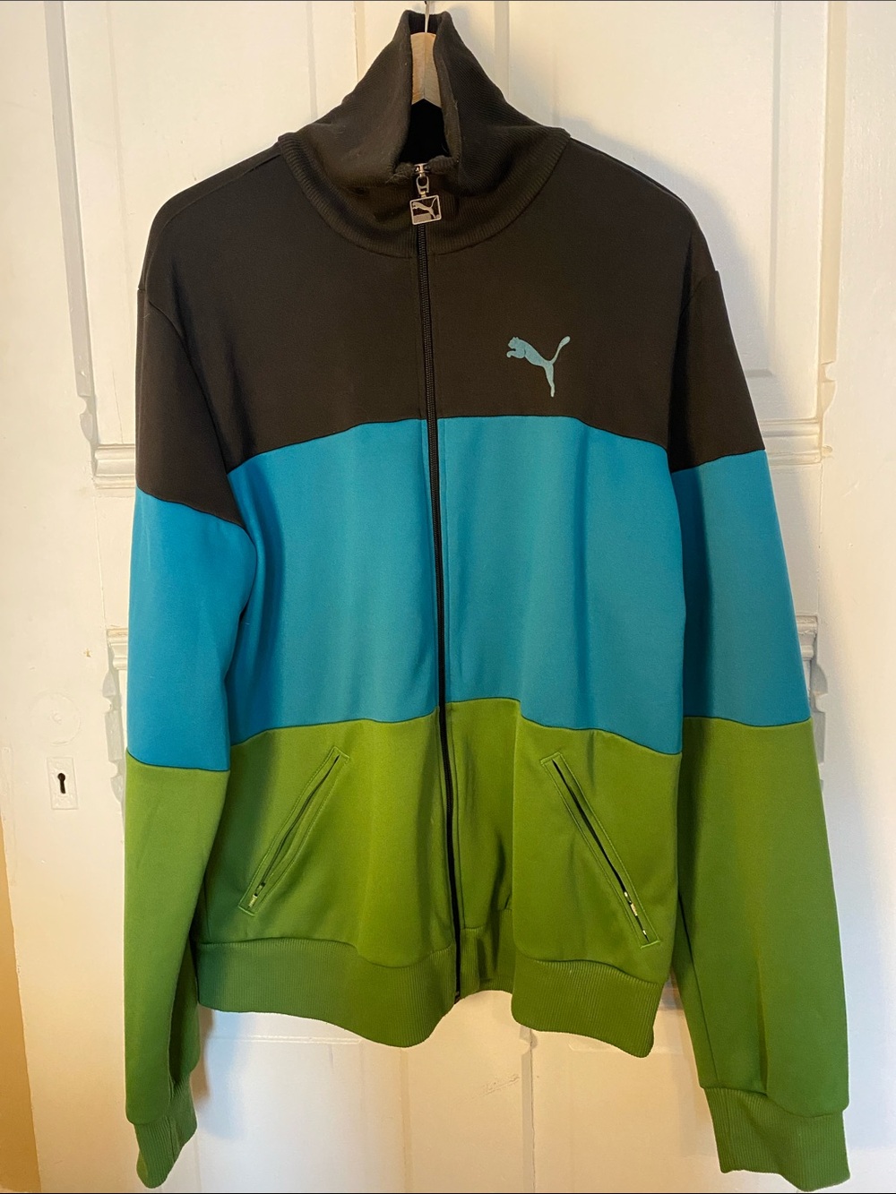 Puma Men's Black/Teal/Green Colorblock Zip-Up Sweater Jacket
